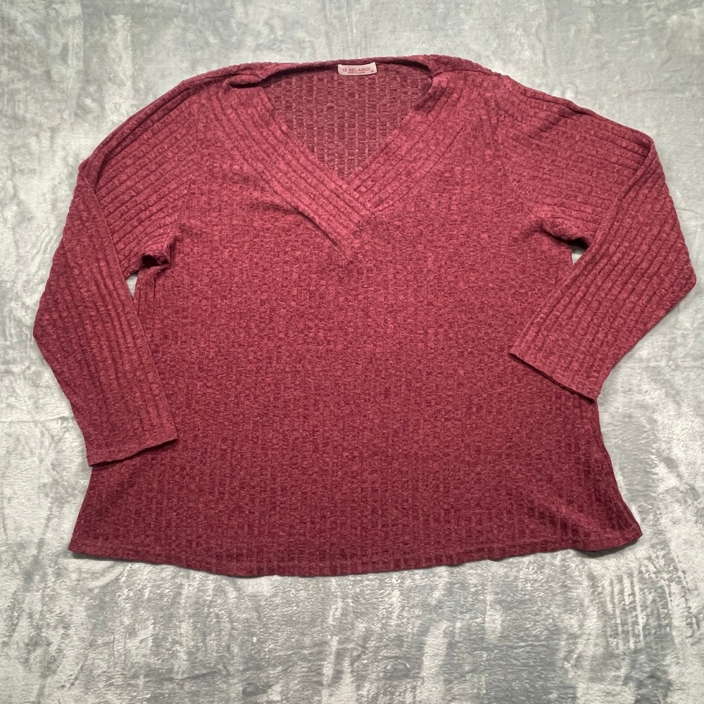 Belaroi V-Neck Top Women 3X Burgundy Ribbed Knit Long Sleeve Relaxed Fit